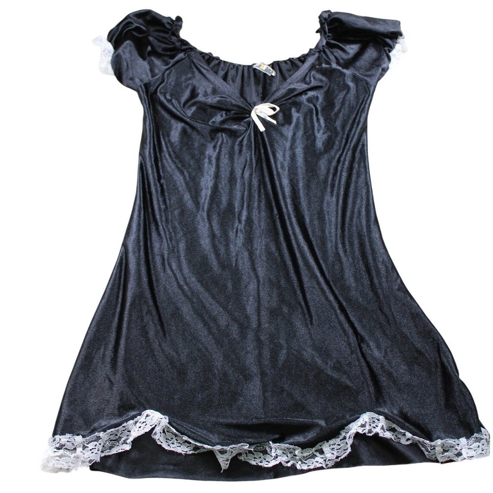 PMG Halloween Solid Chemise OS Black Lace Trim Bow Goth French Maid Coquette